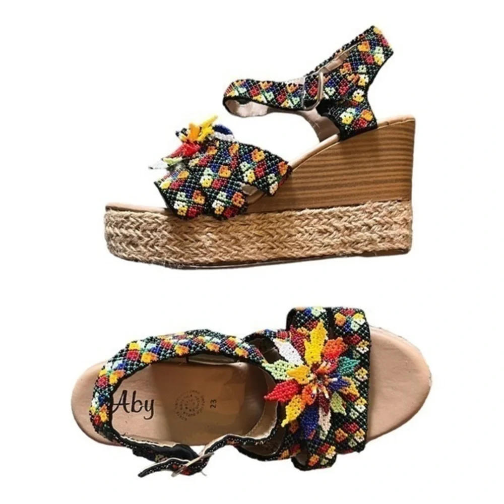 Aby y2k tropical seed beaded wedge slingback espadrilles hemp rope sandals